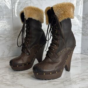Sam Edelman Winsford Brown Leather Lace Up Clogs Fur Booties Size 6.5M festival